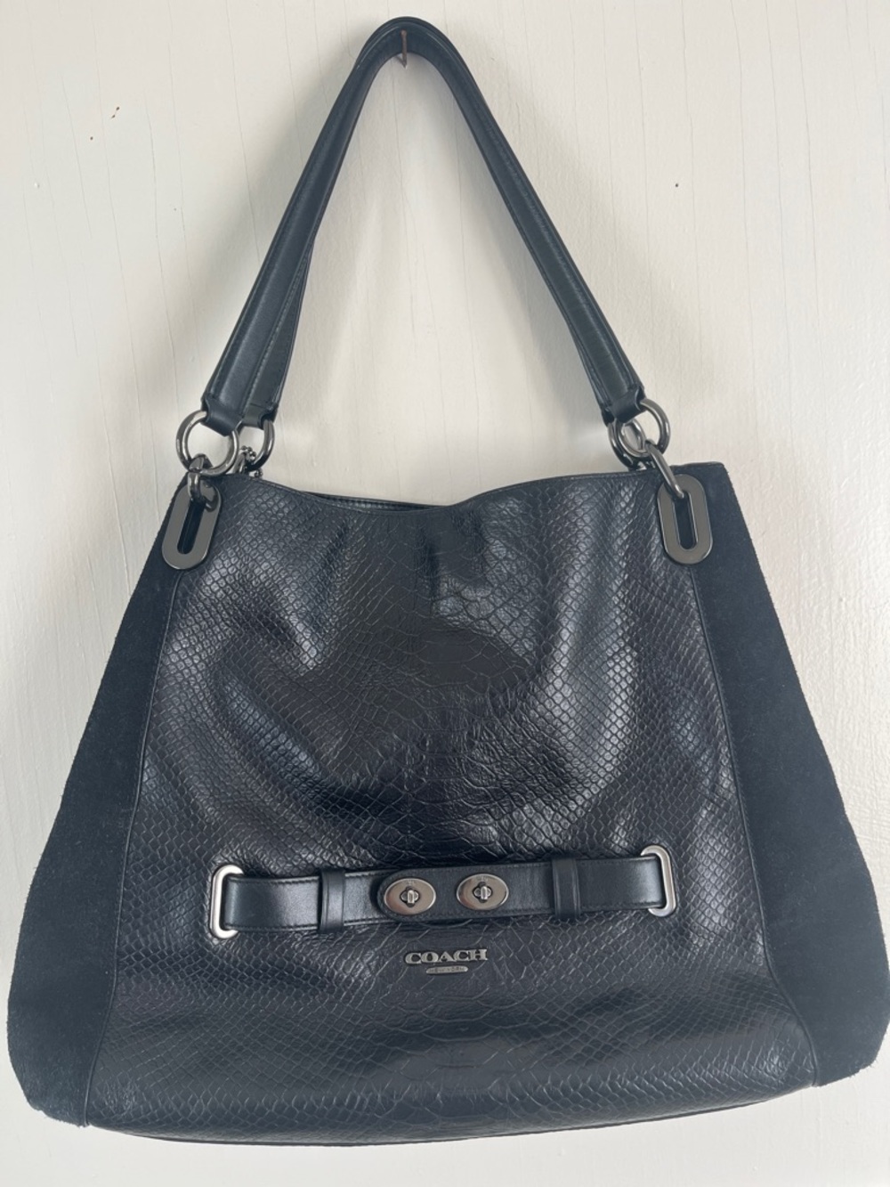 Coach Blake shoulder bag in black exotic embossed leather and suede.